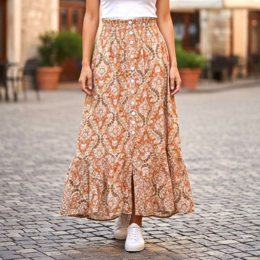 Rachel Zoe Maxi Skirt Medium Rust Orange Paisley Boho Smocked Waist Buttons